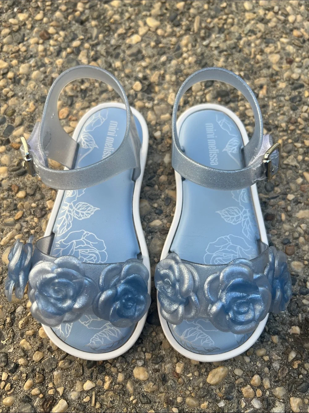 Mini Melissa Light Blue Glitter Rose Appliqué Jelly Sandals